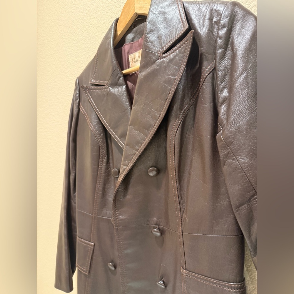 Philippe Monet Vintage 70s Leather Trench Coat Jacket S - Picture 5 of 11